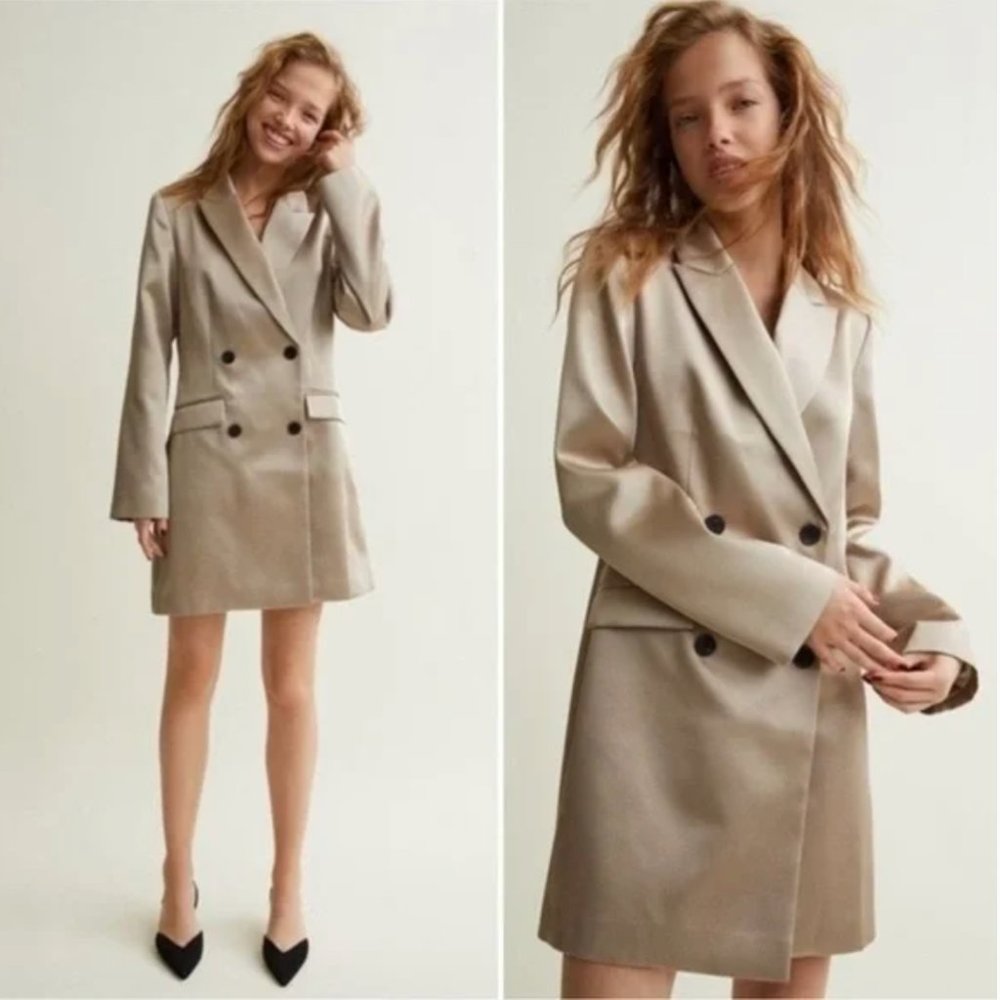 H&M Satin Long Blazer Dress Medium Champagne Tan Shimmery Double Breasted Party